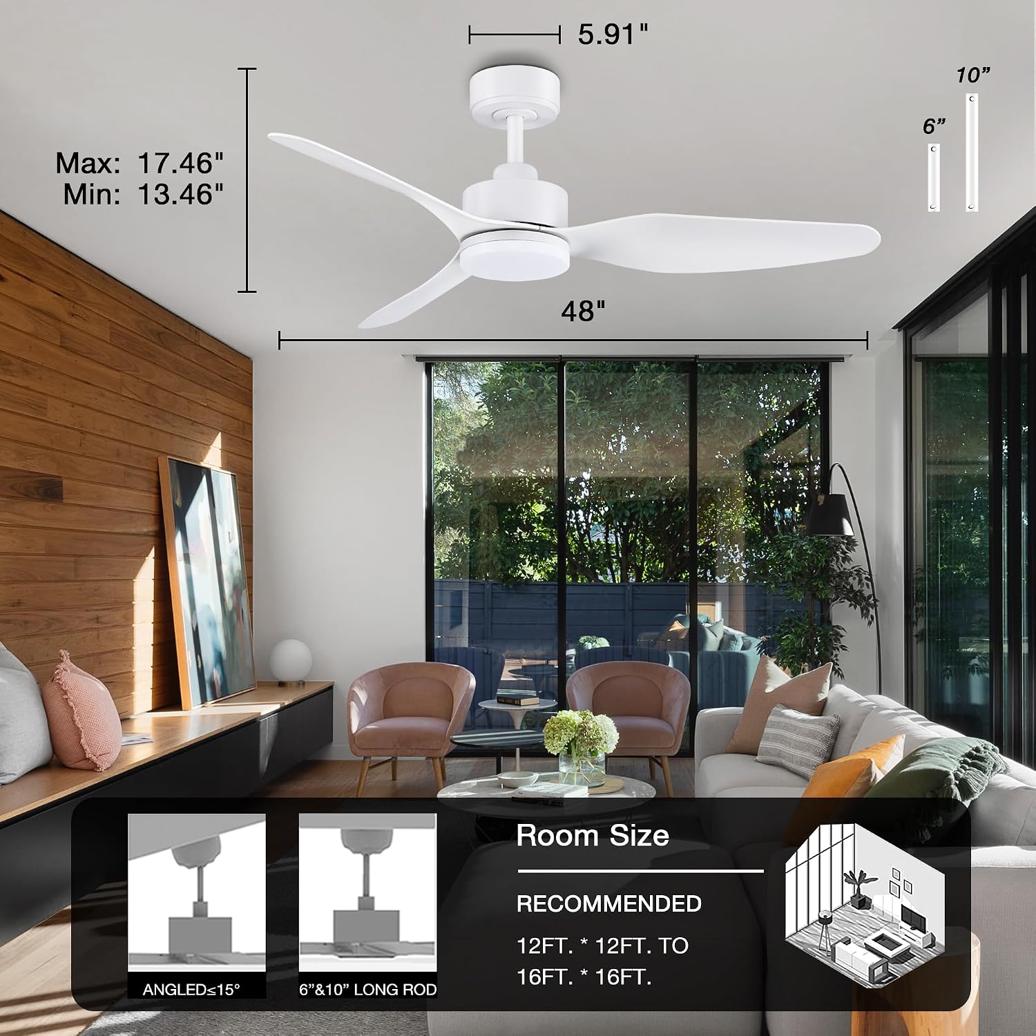 Hoenofly 48 Inch Smart Ceiling Fans with Lights Remote Control,Dimmable LED Light,Outdoor Indoor Modern Ceiling Fan,Quiet DC Motor,WIFI Alexa App Workable,Matte White for Bedroom Living Room Patio