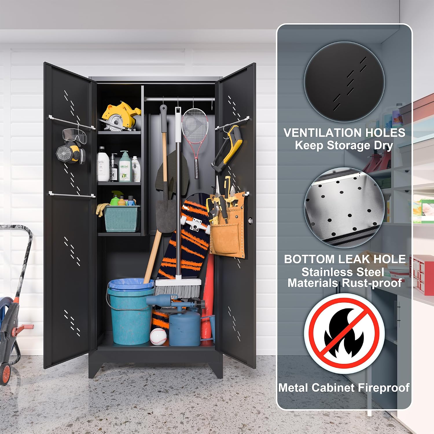 75' Taller Metal Garage Storage Cabinet,Tool Chest, Large Office Storage Cabinet with Lock Doors, Stainless Steel Bottom Plate with Holes,Utility Room Organization(H75* D16.53*L33.85)(Black)