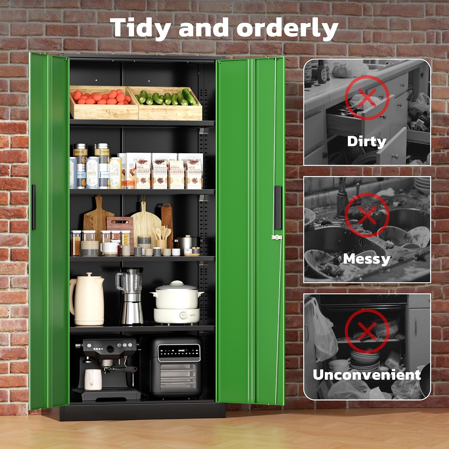 Greenvelly Metal Lockable Storage Cabinet, 72' Storage Cabinet with 2 Doors and 4 Adjustable Shelves for Office, Home, Garage, Pantry (Assembly Required, Black Green)