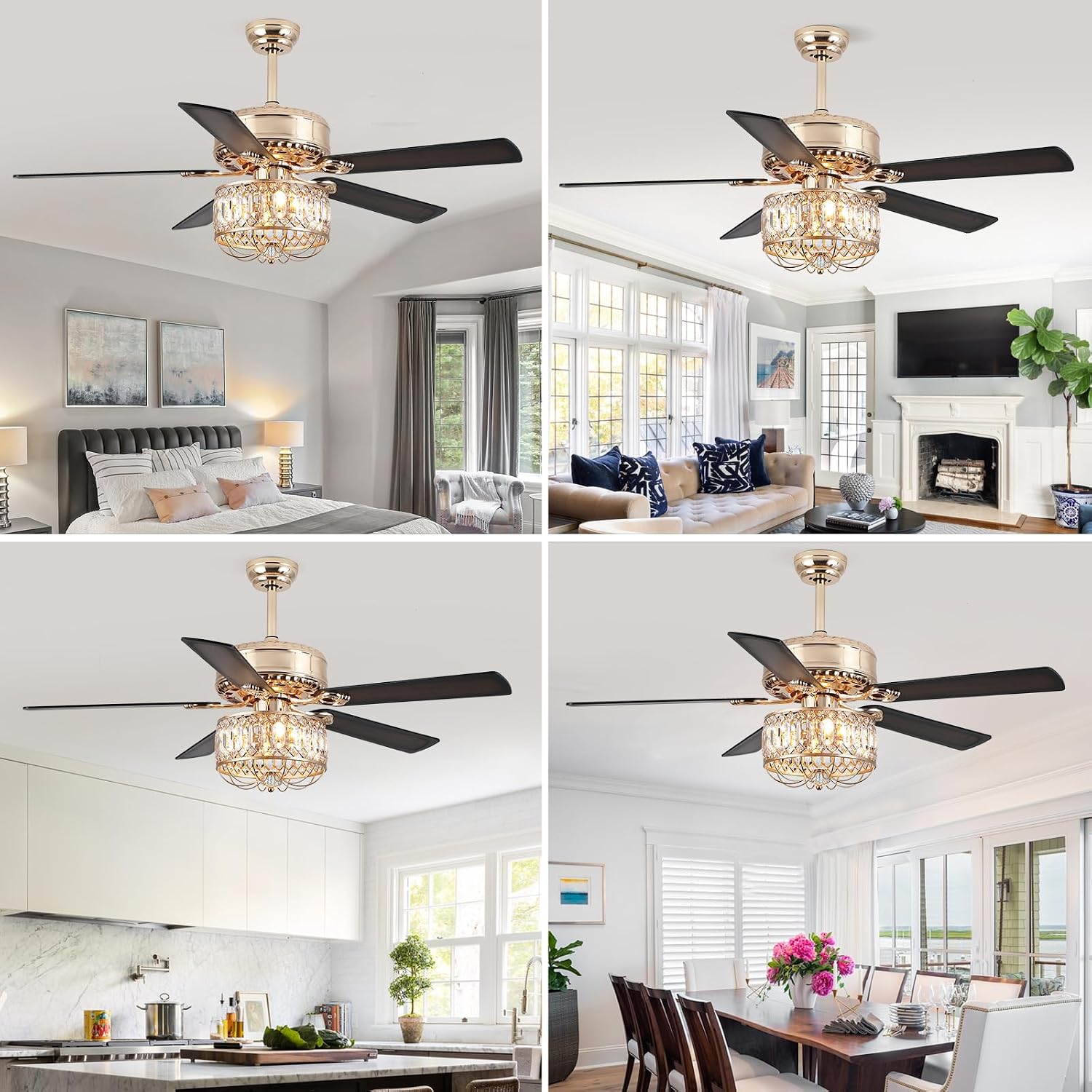 Kviflon Farmhouse Crystal Ceiling Fans with Lights and Remote, 52 Inch Chandelier Ceiling Fans, Gold Fandelier Ceiling Fan for Bedroom Living Room, Quiet DC Motor, Reversible, Bulb not Included