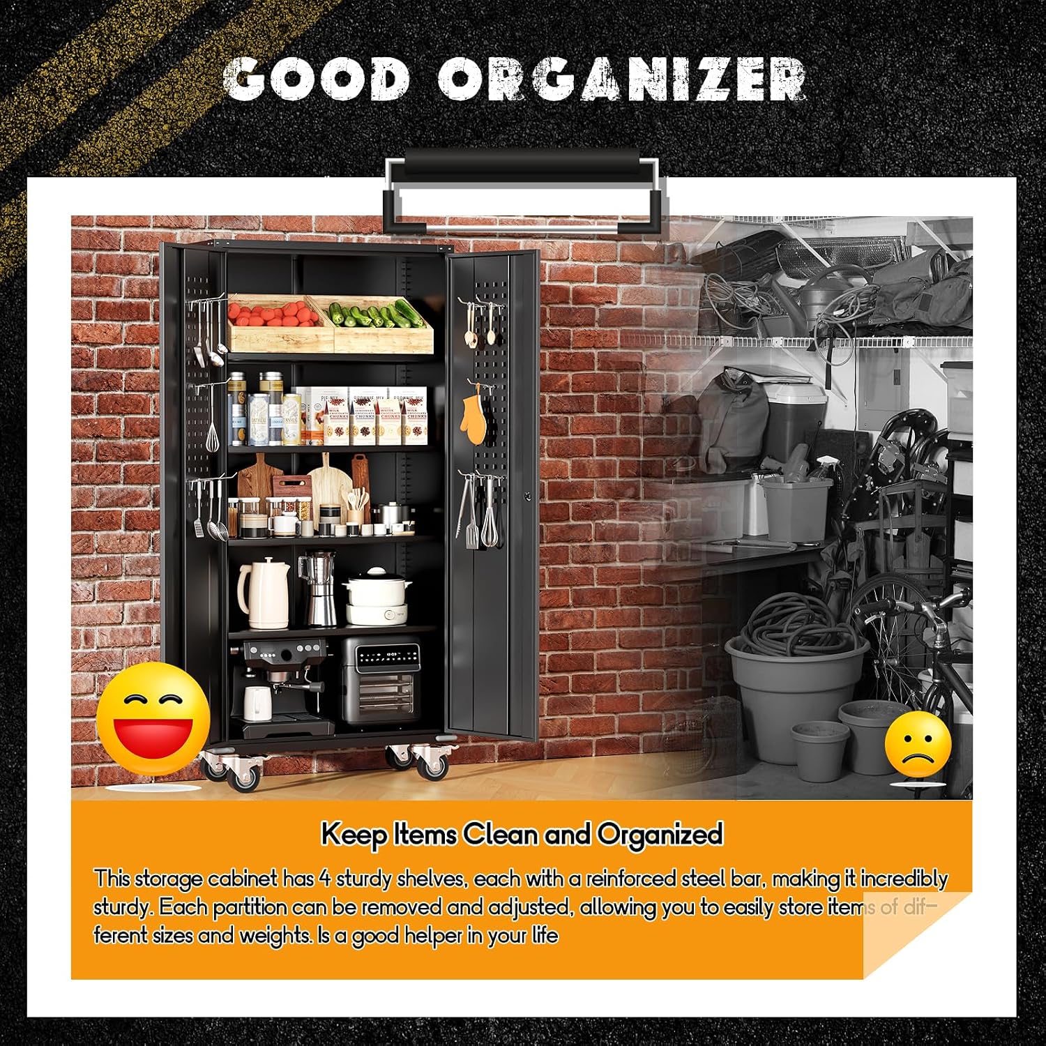 Greenvelly Garage Storage Cabinet with Wheels, Rolling Metal Cabinet with Pegboards and Adjustable Shelves,- 72' Steel Tool Cabinet for Home Office, Garage, Warehouse, Black