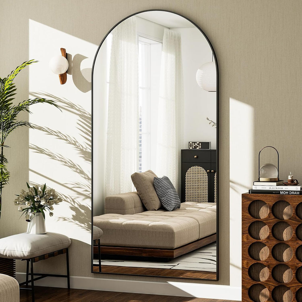GLSLAND-30x71 inch Wall Mount Arched Full Length Mirror-Aluminum Alloy Frame High Definition-Full Body Mirror for Bedroom or Living Room,Black