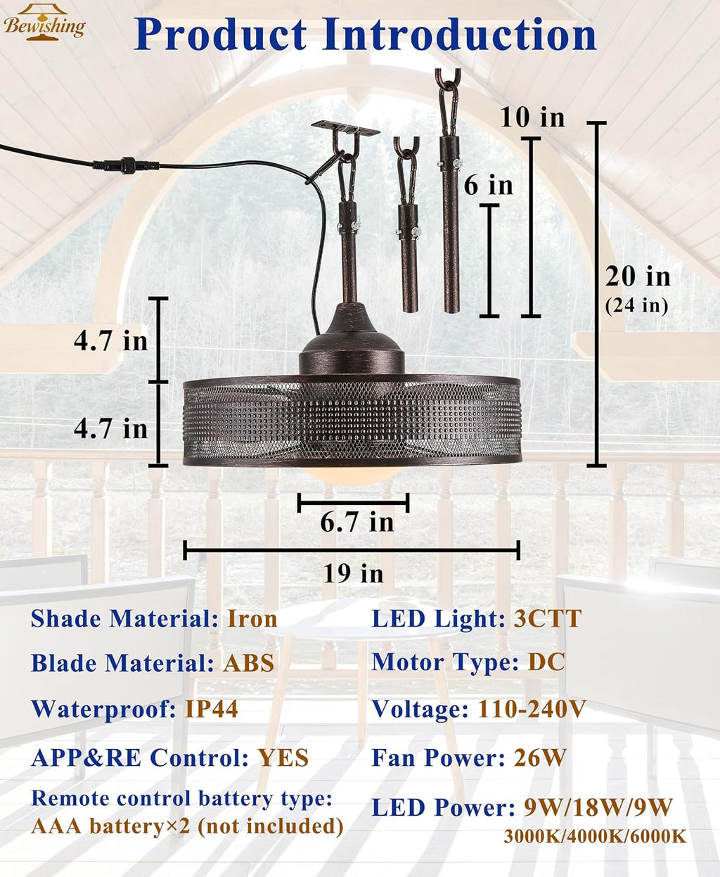 20' Plug-in Outdoor Ceiling Fan with Light, No Hardwiring Required, IP44 Waterproof, 3 CCT, APP & Remote Control, 6-Speed DC Motor, Cage Fandelier for Gazebo Patio, Black Gold