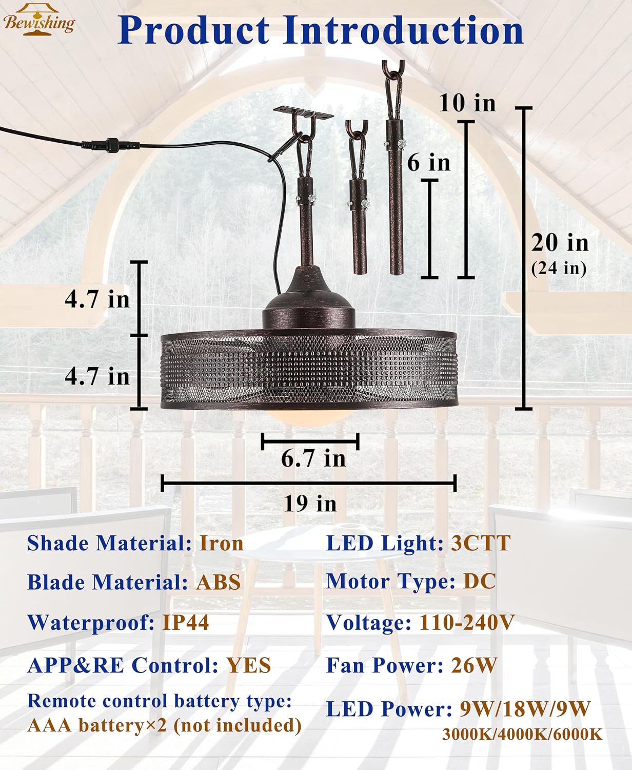20' Plug-in Outdoor Ceiling Fan with Light, No Hardwiring Required, IP44 Waterproof, 3 CCT, APP & Remote Control, 6-Speed DC Motor, Cage Fandelier for Gazebo Patio, Black Gold