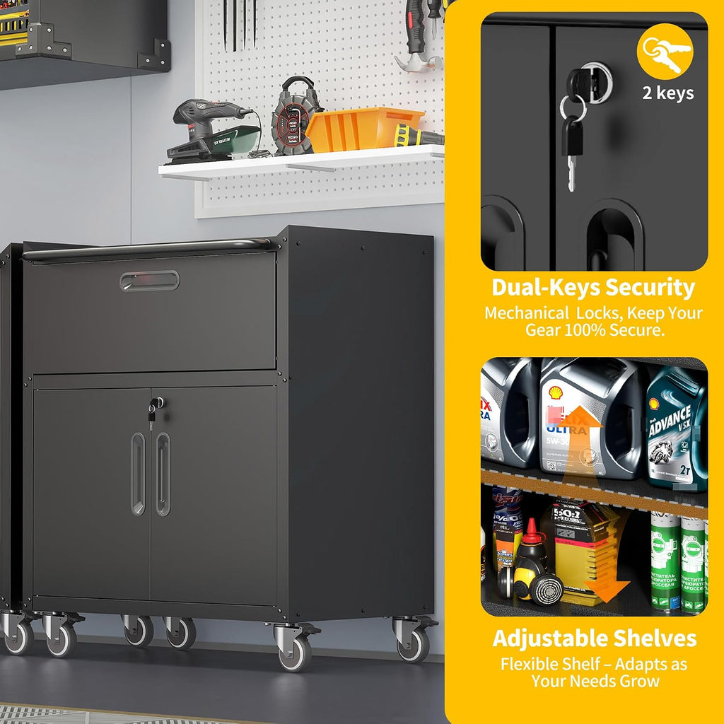 Garage Storage Cabinets with Wheels, Locking Metal Storage Cabinets with 2 Doors and 1 Drawer, Easy Assembly Tool Cabinet for Garage, Basement,Warehouse