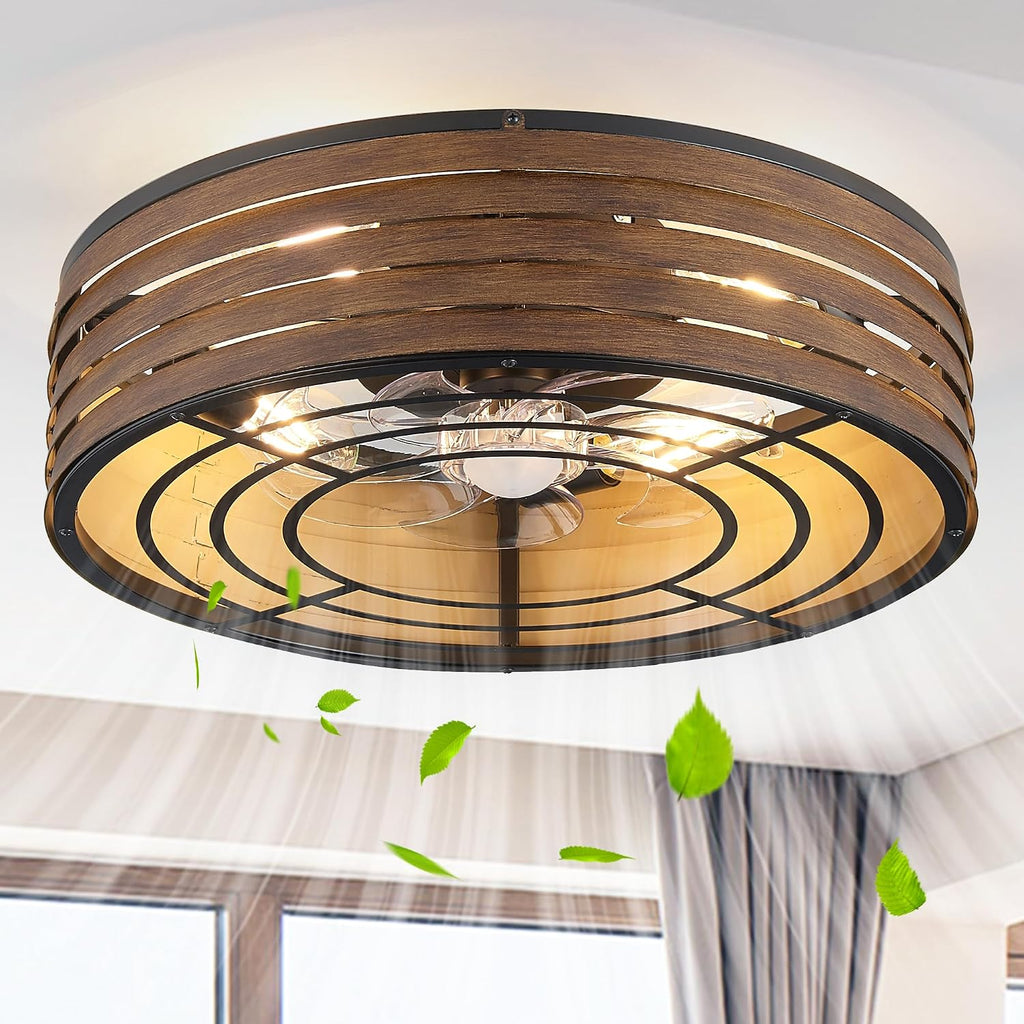 20'' Flush-Mount Ceiling Fan with Light and Remote, Reversible Motor, Perfect for Bedroom, Living Room, Kitchen, Outdoor Gazebo, Patio, Low-Profile Design Cage (Wooden Walnut)