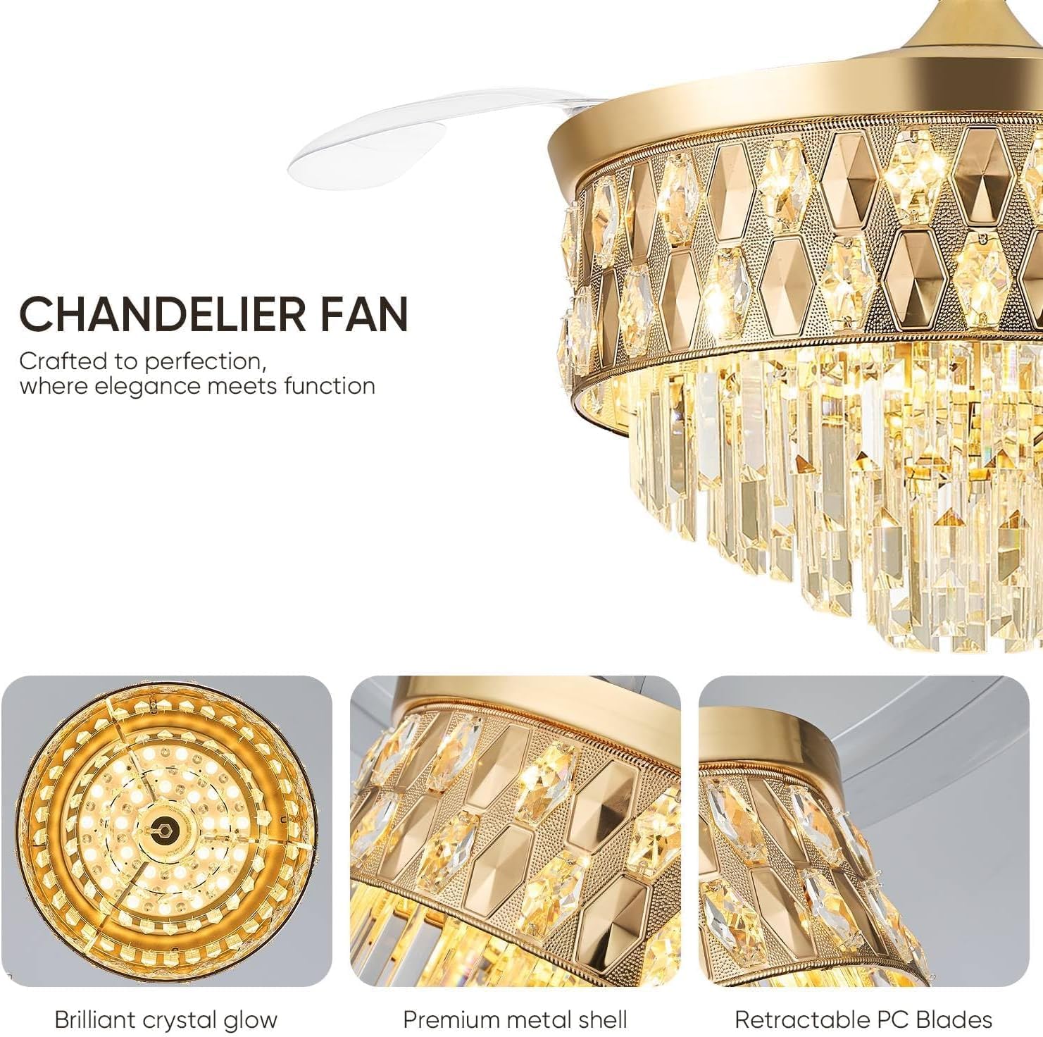 52 Inch Fandelier Ceiling Fan with Light, Chandelier Fan, Retractable Crystal Ceiling Fan Dimmable LED, 3 Color Temperatures, 6 Speeds, for Bedroom & Living Room