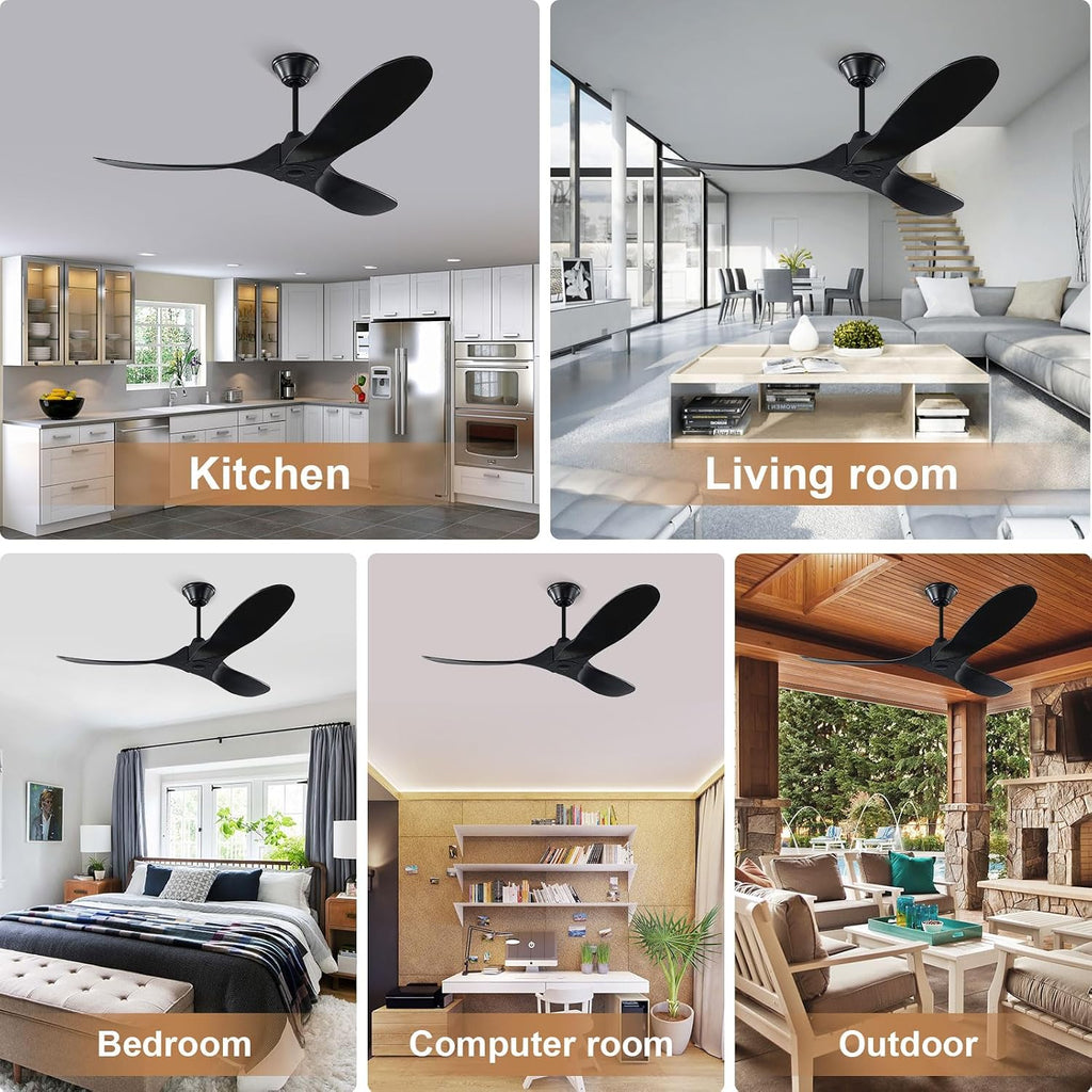 52 Inch Black Outdoor Ceiling Fans without Lights, Modern 3 Blade Wood Ceiling Fan with Remote, Indoor Outdoor Ceiling Fan for Patios Bedroom Commercial,3 Down Rods