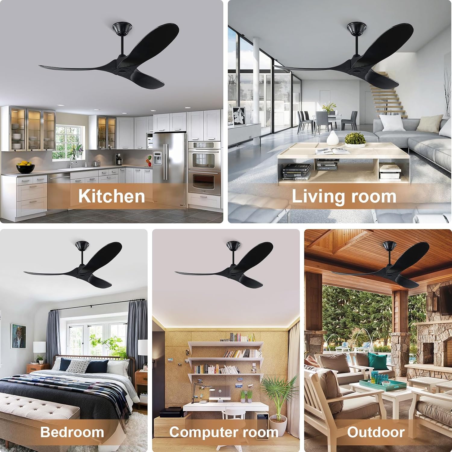 52 Inch Black Outdoor Ceiling Fans without Lights, Modern 3 Blade Wood Ceiling Fan with Remote, Indoor Outdoor Ceiling Fan for Patios Bedroom Commercial,3 Down Rods