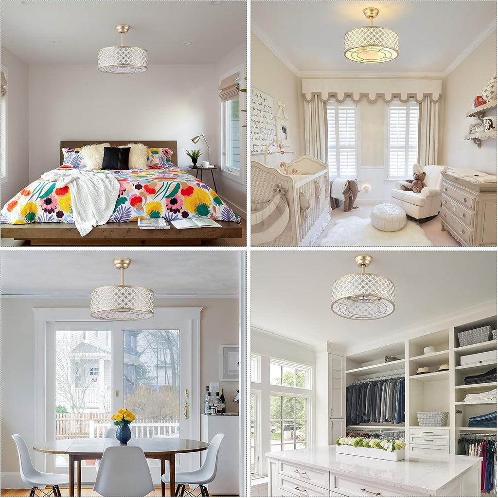 Gold Fandelier Ceiling Fan with Light, 20' Caged Gold Chandelier Ceiling Fans with Lights Remote Control, Fabric Mid-Century Modern with 6 Speeds for Bedroom, Nursery, Living Room.