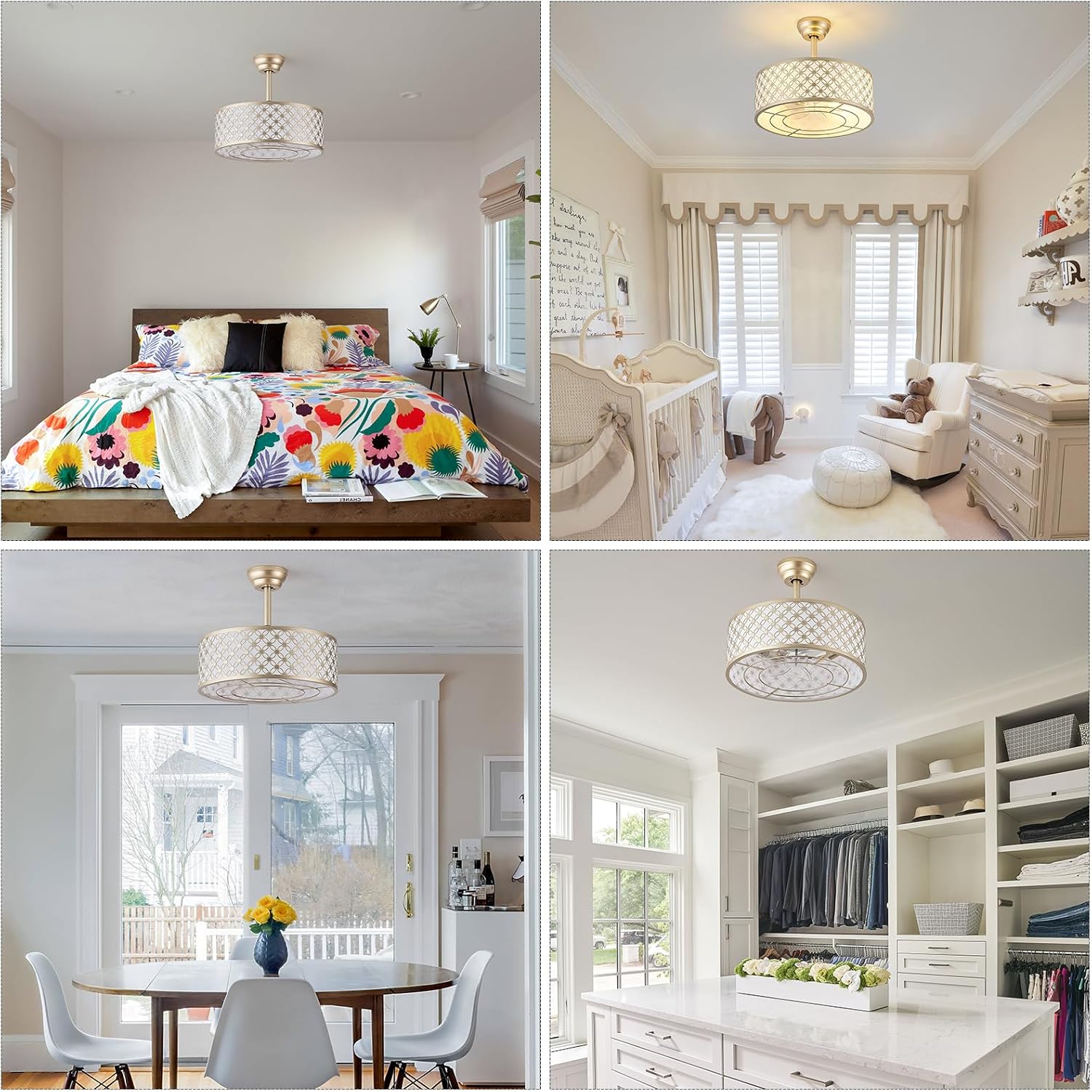 Gold Fandelier Ceiling Fan with Light, 20' Caged Gold Chandelier Ceiling Fans with Lights Remote Control, Fabric Mid-Century Modern with 6 Speeds for Bedroom, Nursery, Living Room.