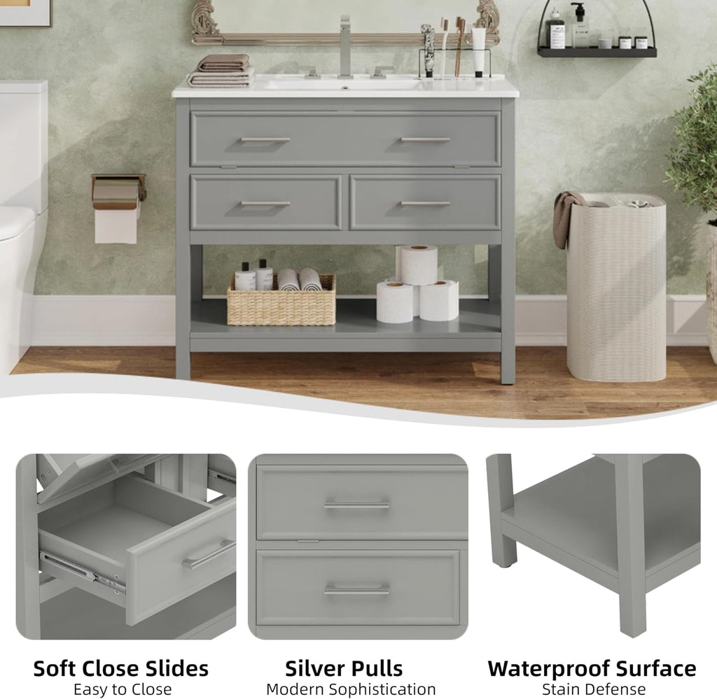 Bathroom Vanity 36 Inch with Ceramic Sink, Flip Top Tray, Wooden Bathroom Sink Cabinet with 2 Drawers and Open Shelf, Freestanding Vanity for Guest Baths Master Suites, Rental Units (Gray)