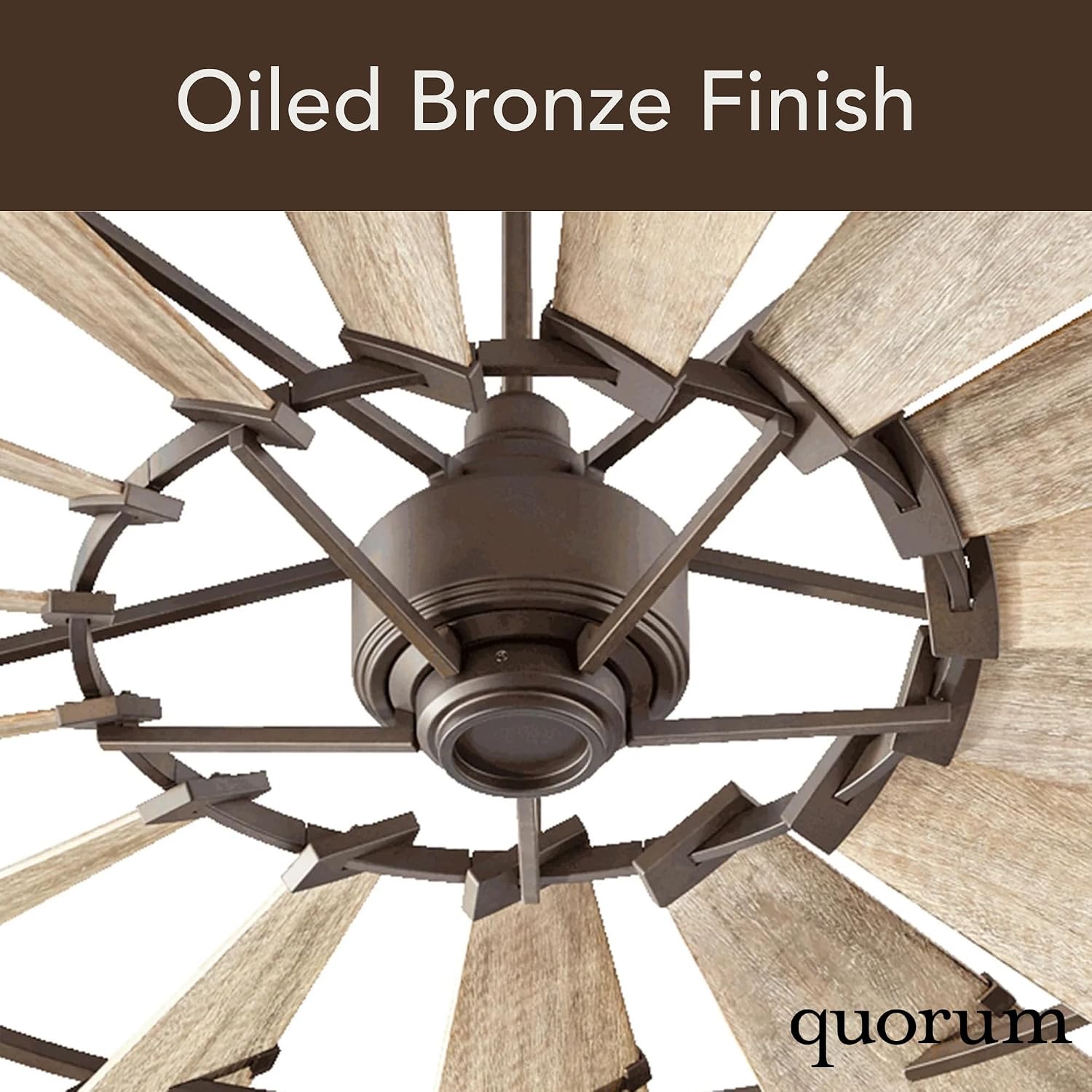 Quorum 97215-86 Windmill 72 Inch Ceiling Fan | 15 Blade Wagon Wheel Design | 6 Speed Reversible DC Motor | Remote Control Included | Dry Rated Indoor Fan | Weathered Oak Blades | Oiled Bronze Finish