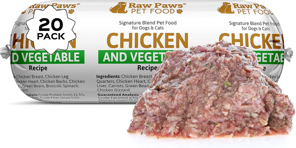 Raw Paws Signature Blend Pet Food for Dogs & Cats - Chicken & Vegetable Recipe, 1-lb Rolls (20 Pack) - Freshly Made in USA - Raw Diet Cat Food - Raw Frozen Dog Food - Fresh Dog Food Log