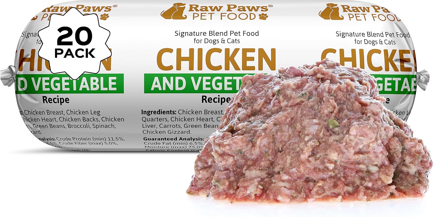 Raw Paws Signature Blend Pet Food for Dogs & Cats - Chicken & Vegetable Recipe, 1-lb Rolls (20 Pack) - Freshly Made in USA - Raw Diet Cat Food - Raw Frozen Dog Food - Fresh Dog Food Log