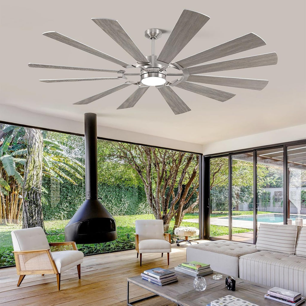 72'' Farmhouse Ceiling Fan with Light,12 Dual-Finish Wind Mill Blades, 3 Downrods, 6-Speed Reversible DC Motor, High CFM, 3CCT, Indoor Outdoor Modern Industrial Fans for Patio Commercial Shop Garage