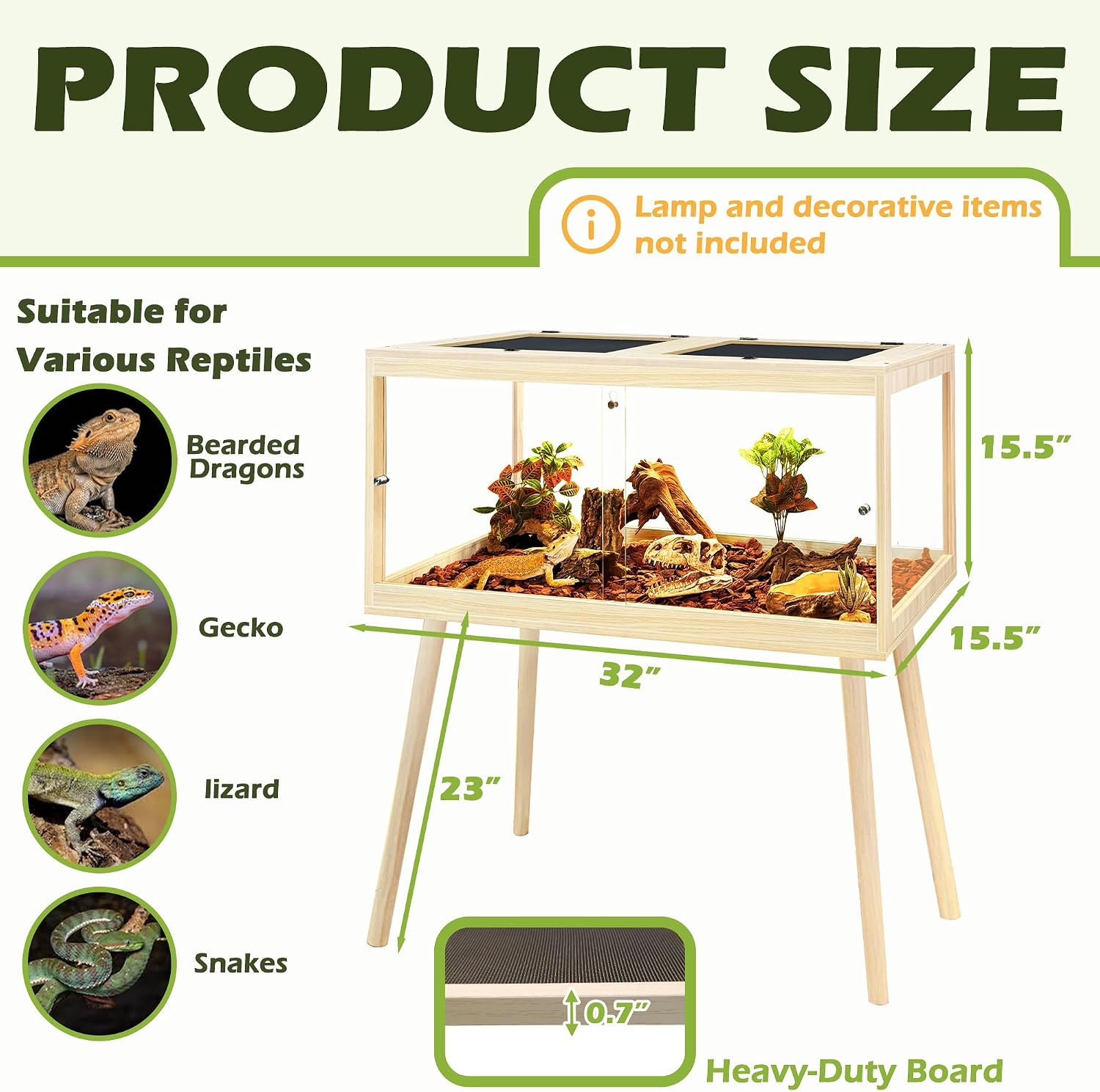 PROLEE Bearded Dragon Tank with Legs, 34 Gallon Tempered Glass Lizard Tank, Reptile Enclosure with Metal Mesh and Lockable Door, Reptile Tank for Snakes,Chameleon (Oak, 32x15.5x15.5 Inch)