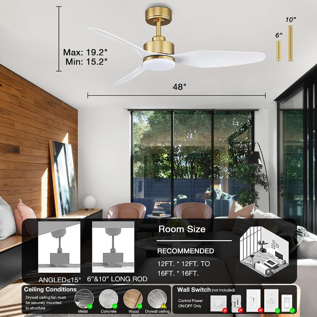 Hoenofly 48 Inch Smart Ceiling Fans with Lights and Remote Control,Dimmable LED Light,Outdoor Indoor Gold White Ceiling Fan,Quiet DC Motor,WIFI Alexa App Workable,for Modern Bedroom Living Room Patio