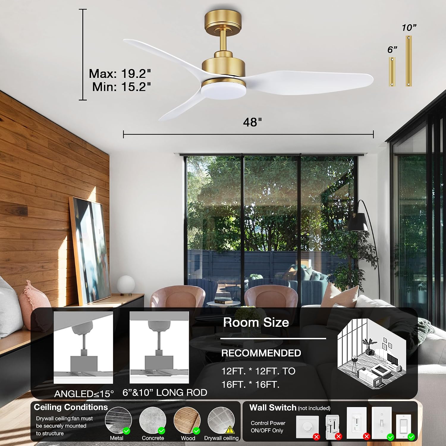 Hoenofly 48 Inch Smart Ceiling Fans with Lights and Remote Control,Dimmable LED Light,Outdoor Indoor Gold White Ceiling Fan,Quiet DC Motor,WIFI Alexa App Workable,for Modern Bedroom Living Room Patio