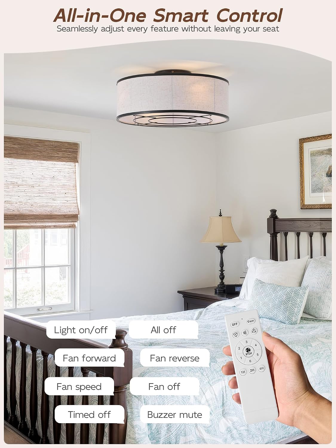 20' Black Low Profile Ceiling Fans with Lights, Boho Flush Mount Ceiling Fan with Light and Remote, Rattan with 6 Speeds for Bedroom, Nursery, Living Room