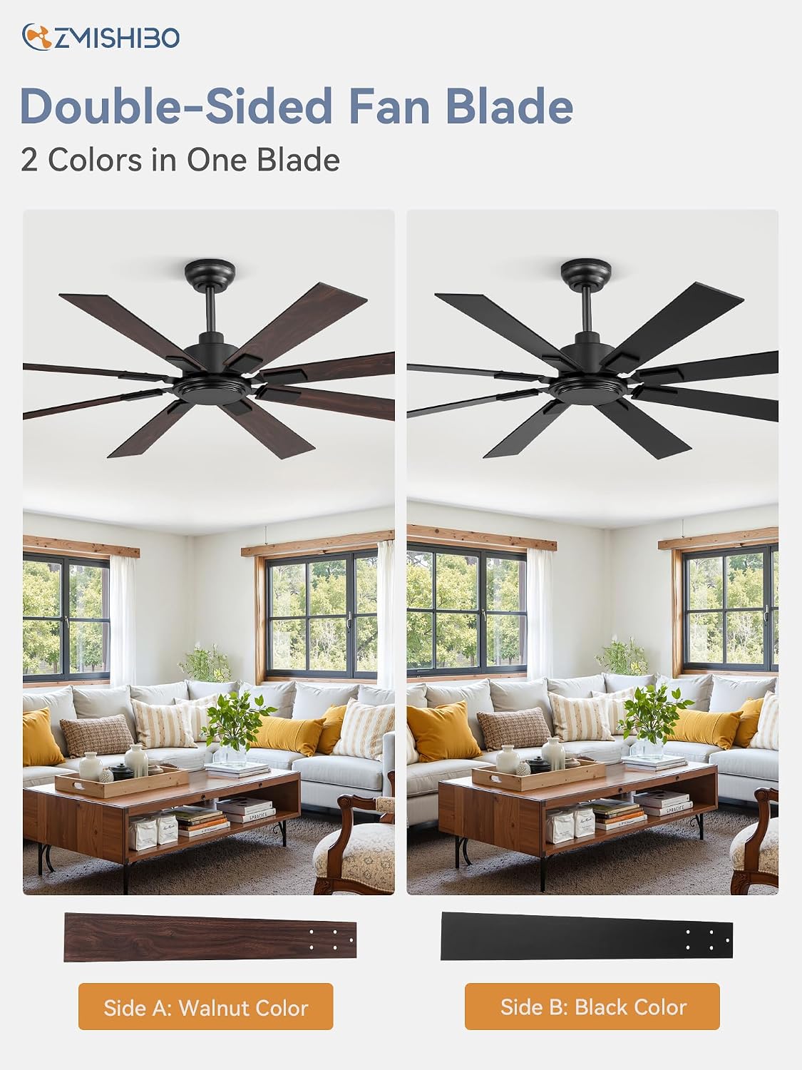 ZMISHIBO 62 Inch Ceiling Fan No Light with Remote Control, 8 Blades Quiet DC Reversible Motor, 6-Speed, Timer, Black Finish, Indoor Outdoor Ceiling Fans for Patios, Living Room, Garage