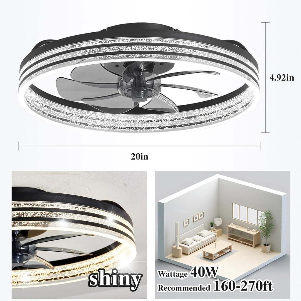 Smart Ceiling Fans with Lights Remote - WiFi Alexa 20'' Flush Mount Low Profile Modern Ceiling Fans for Bedroom -Stepless Color Temperature and 6 Speeds - Crystal Stripe