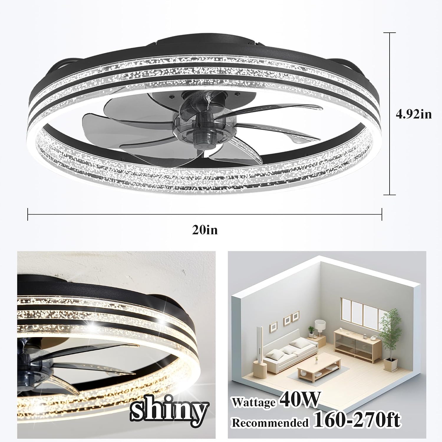 Smart Ceiling Fans with Lights Remote - WiFi Alexa 20'' Flush Mount Low Profile Modern Ceiling Fans for Bedroom -Stepless Color Temperature and 6 Speeds - Crystal Stripe