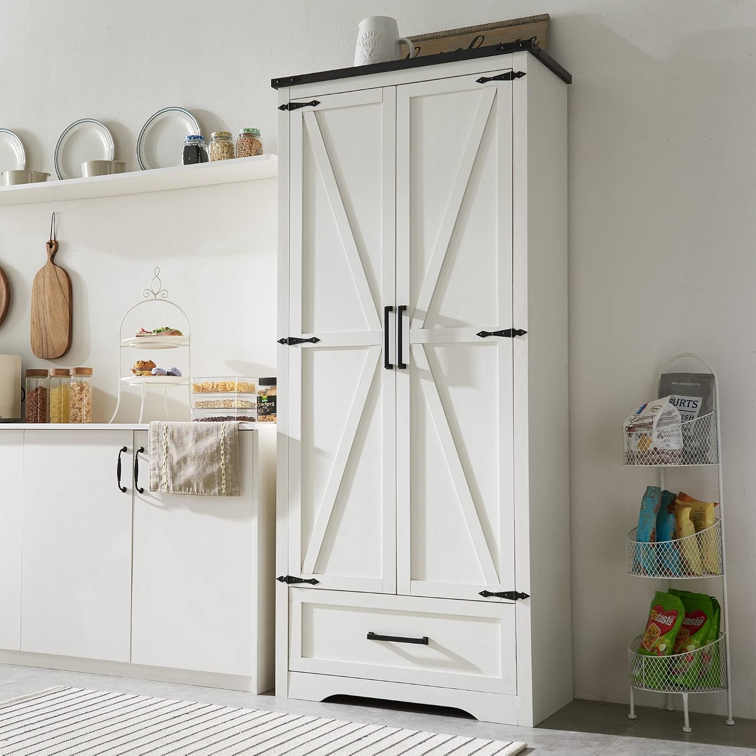 JXQTLINGMU Farmhouse Kitchen Pantry Cabinet - 72' Tall Wood Kitchen Storage Cabinets with Adjustable Shelves & 2 Barn Style Doors & Drawer, Versatile Storage for Dining Room, Bathroom, Antique White