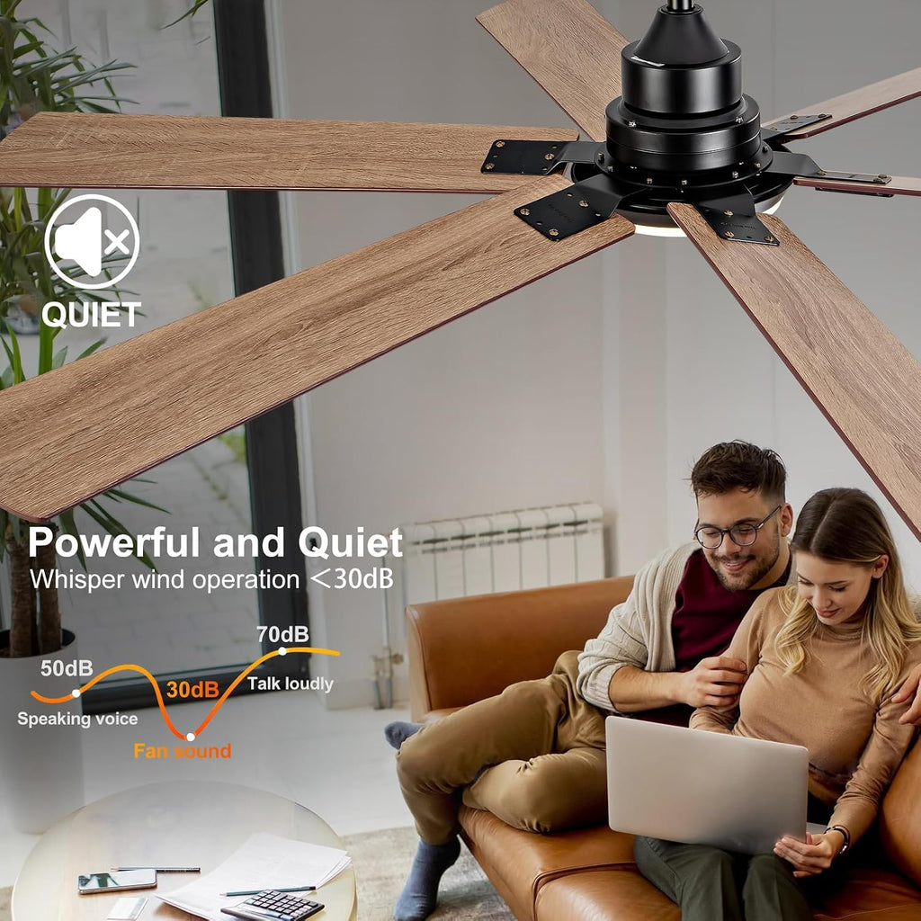BOOMJOY 60 Inch Black Outdoor Ceiling Fans with Lights and Remote, Dimmable 6 Blade Large Outdoor Ceiling Fans for Patios, Black Ceiling Fan with Light for Bedroom Indoor Living Room