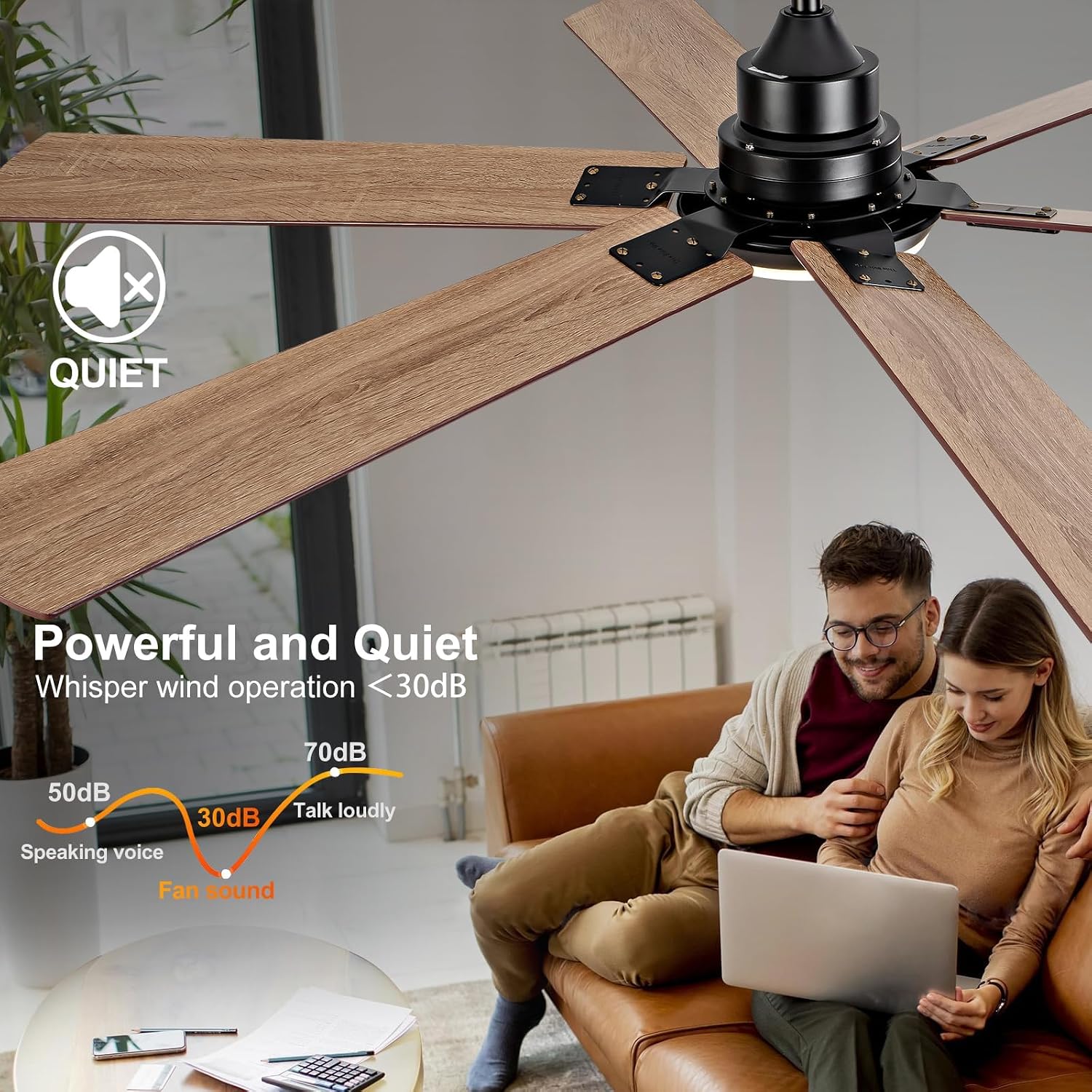 BOOMJOY 60 Inch Black Outdoor Ceiling Fans with Lights and Remote, Dimmable 6 Blade Large Outdoor Ceiling Fans for Patios, Black Ceiling Fan with Light for Bedroom Indoor Living Room