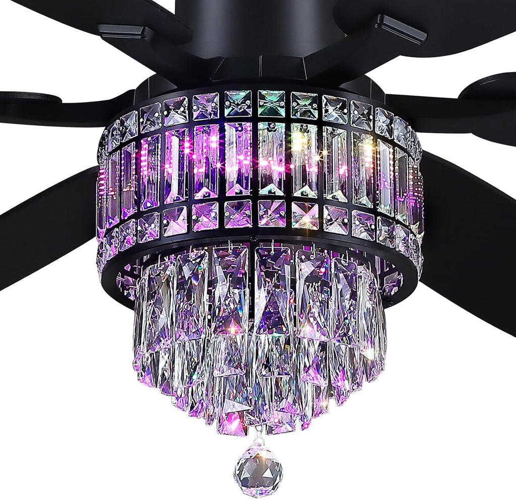 Kviflon 52 Inch Crystal Ceiling Fan with RGB Lights, Black Fandelier Ceiling Fan with Light and Remote/APP Control, Modern Chandelier Ceiling Fan for Bedroom Living Room, Quiet DC Motor, Dimmable LED