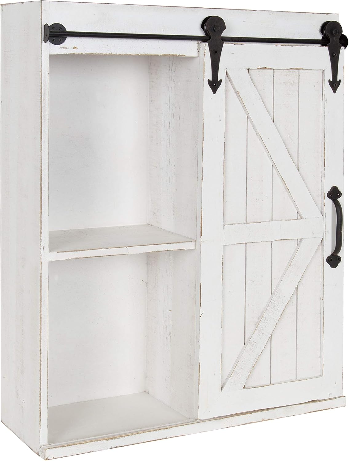 Kate and Laurel Cates Modern Farmhouse Decorative Wood Wall Storage Shelving Cabinet with Sliding Barn Door, Rustic White