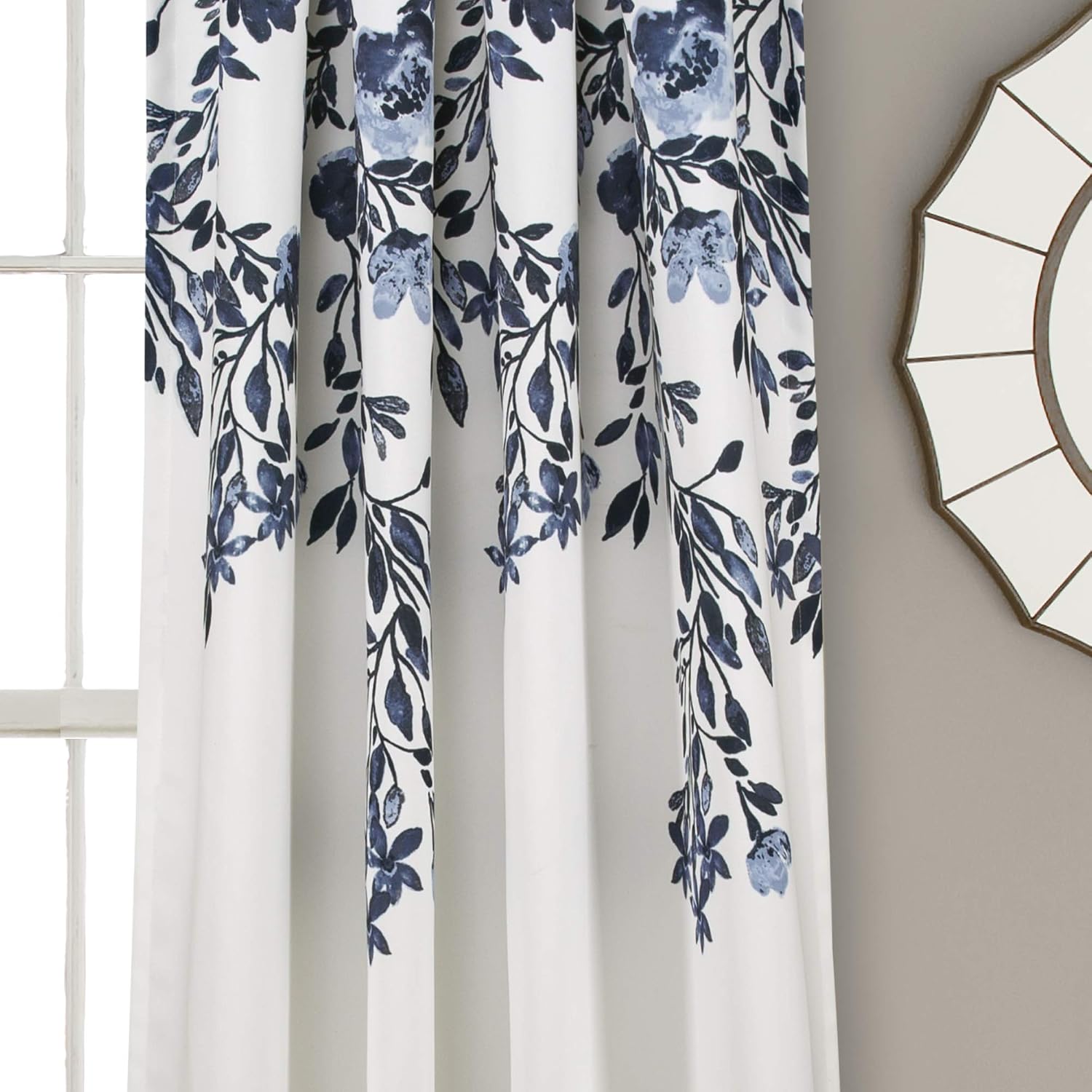 Lush Decor Tanisha Curtains - Light Filtering Window Panel Set, Pair - Floral Vine Print, Beautiful, Modern, Elegant Home Decor - 52' W x 84' L, Navy & White (Pack of 4)