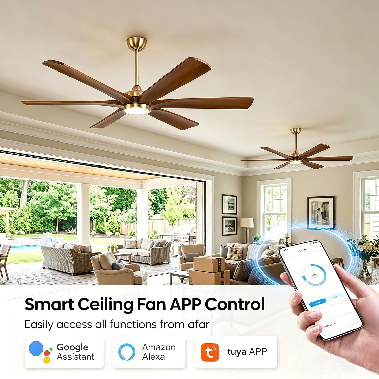 72 Inch Smart Outdoor Ceiling Fan with Lights, Brass Gold with 6 Solid Wood Walnut Blades, Modern Farmhouse, Alexa/App/Remote Control, 9268 CFM Quiet DC Motor, for Large Room Exterior Gazebo Patio