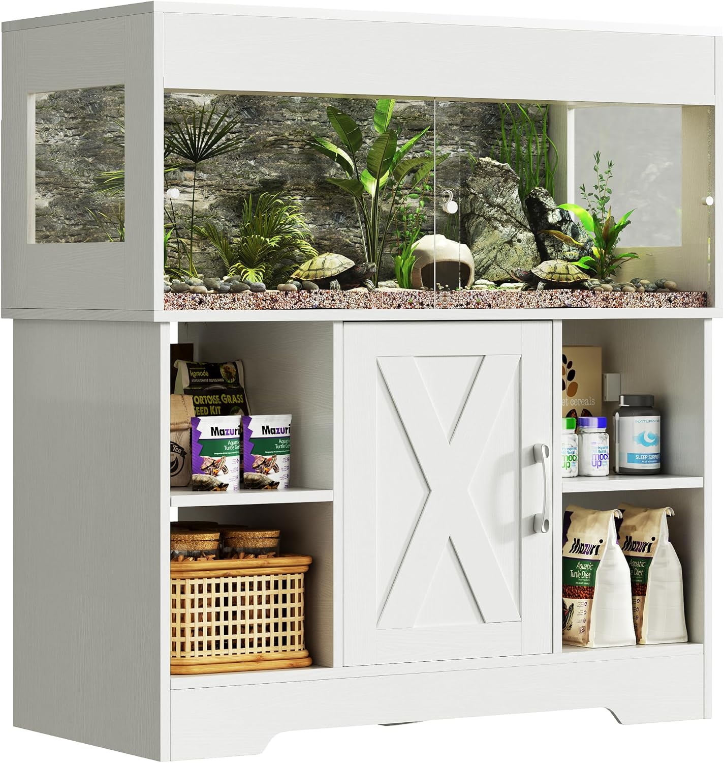 Herture 40 Gallon Reptile Terrarium Tank with Storage Cabinet, Reptile Tank with Stand, for Leopard Geckos, Corn Snakes, Juvenile Pets, Sliding Acrylic Doors, Mesh Top, Power Outlet, White PX03RTW