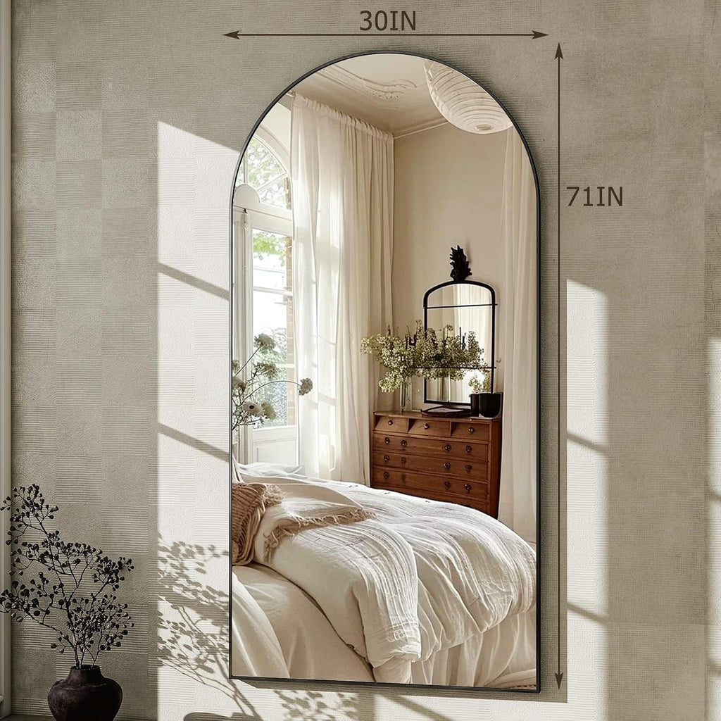 GLSLAND-30x71 inch Wall Mount Arched Full Length Mirror-Aluminum Alloy Frame High Definition-Full Body Mirror for Bedroom or Living Room,Black