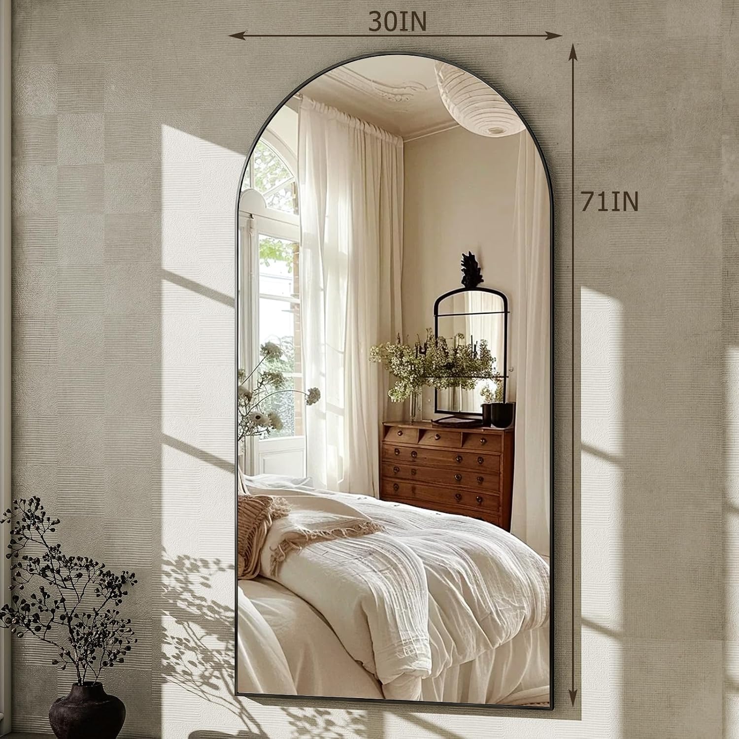 GLSLAND-30x71 inch Wall Mount Arched Full Length Mirror-Aluminum Alloy Frame High Definition-Full Body Mirror for Bedroom or Living Room,Black
