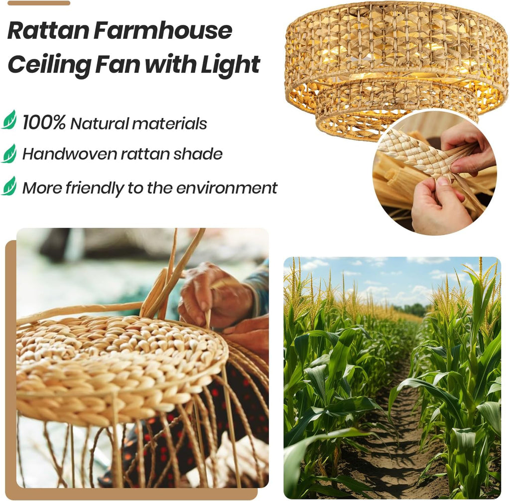 Boho Caged Ceiling Fan with Lights Flush Mount, Handwoven Layered Rattan Fandelier ceiling fan with Remote Control, Reversible 6-Speed Enclosed Ceiling Fan Light for Bedroom, Living Room, Nursery, E26