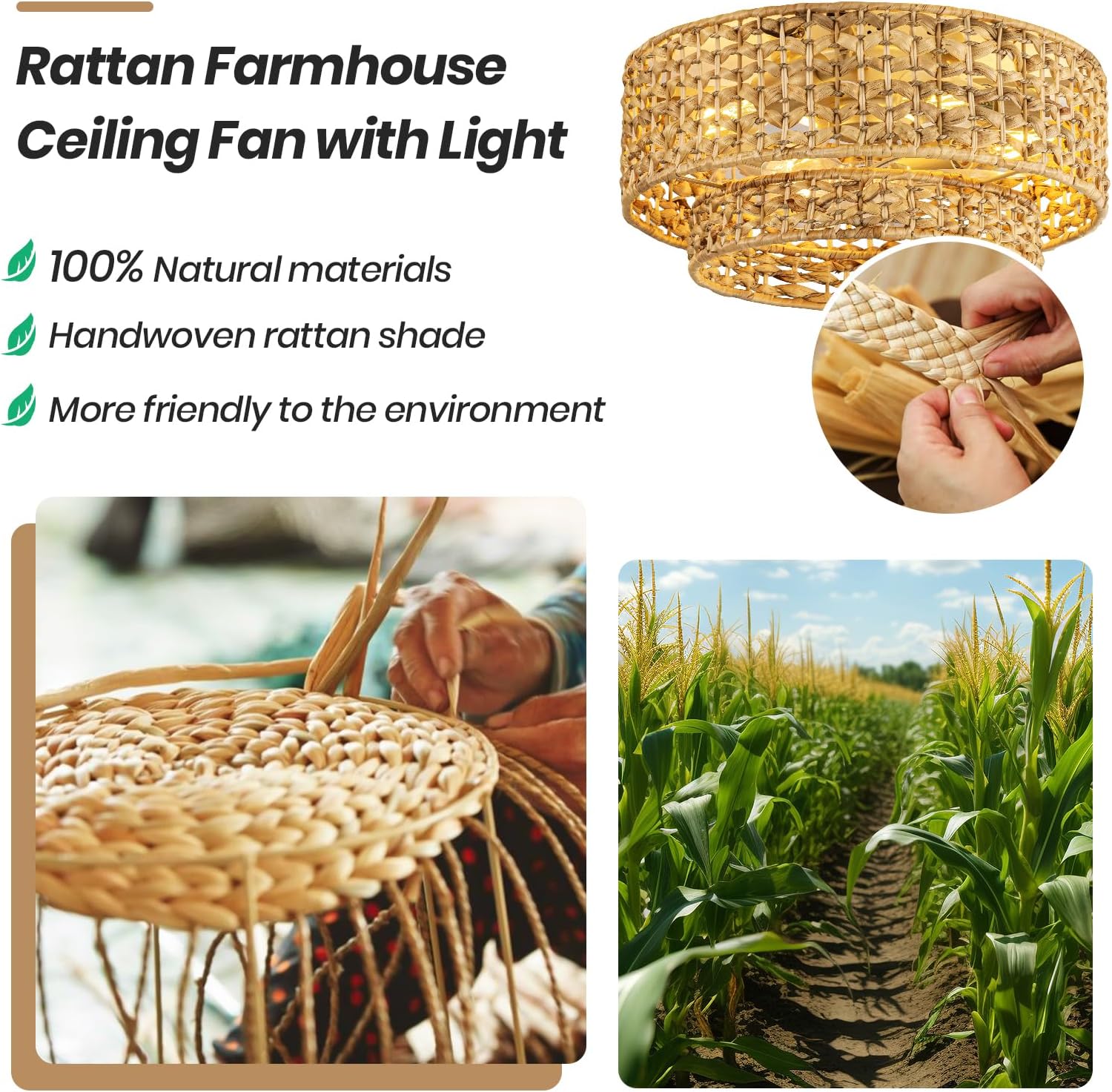 Boho Caged Ceiling Fan with Lights Flush Mount, Handwoven Layered Rattan Fandelier ceiling fan with Remote Control, Reversible 6-Speed Enclosed Ceiling Fan Light for Bedroom, Living Room, Nursery, E26