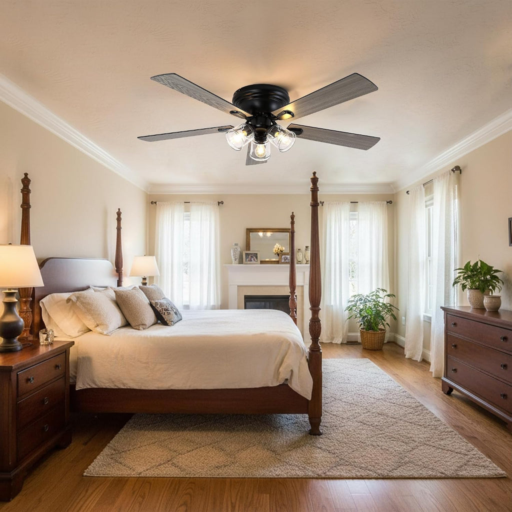 52' Flush Mount Ceiling Fan with Lights and Remote Control,Industrial Farmhouse Ceiling Fan,Reversible Quiet Motor,5 Wood Blades,3 Clear Glass Lights for Bedroom Living Room Kitchen