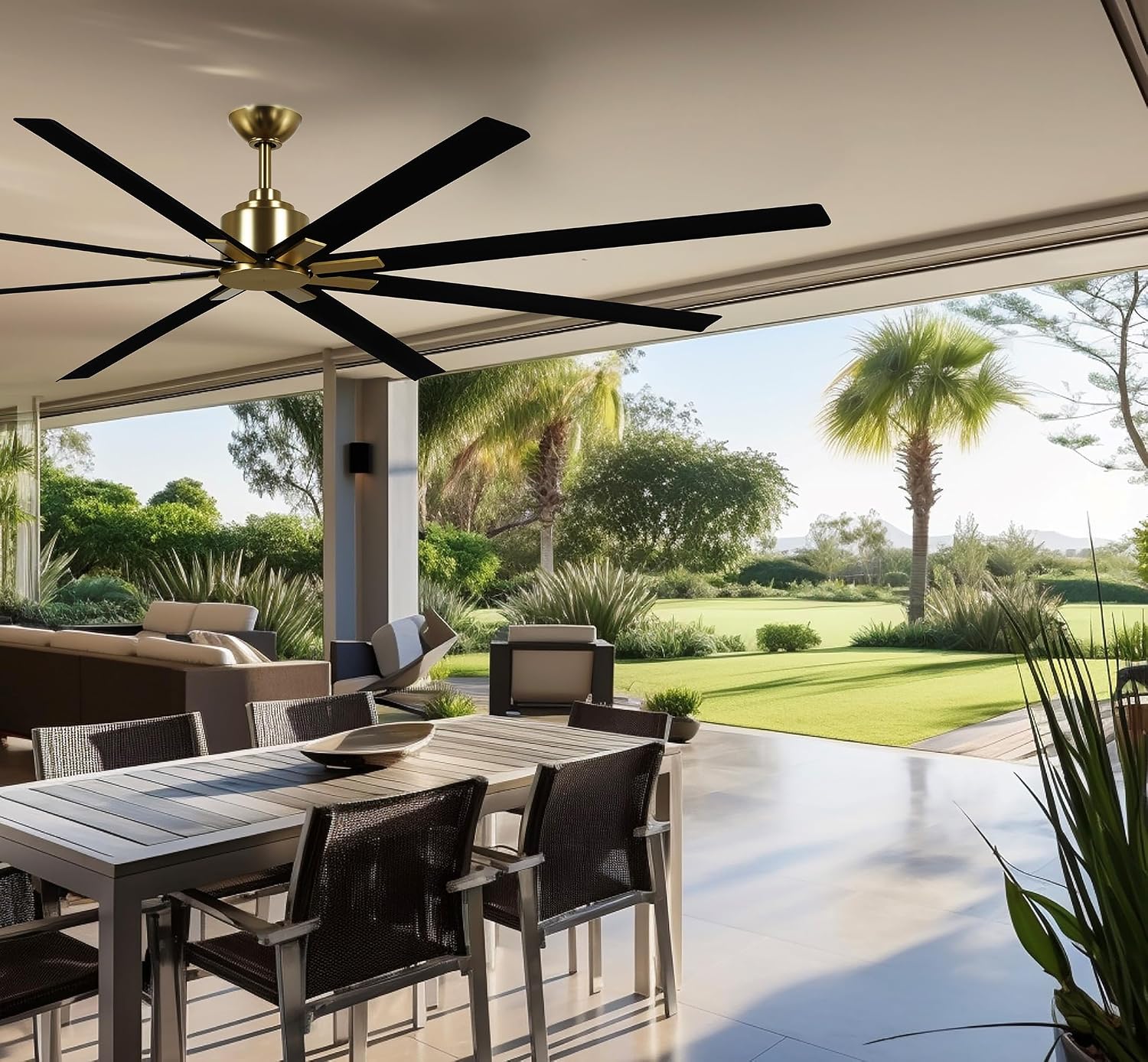 MINKA-AIRE F896-84-SBR/CL Xtreme H2O 84 Inch DC Motor Outdoor Ceiling Fan with Remote Control in Soft Brass Finish with Coal Blades