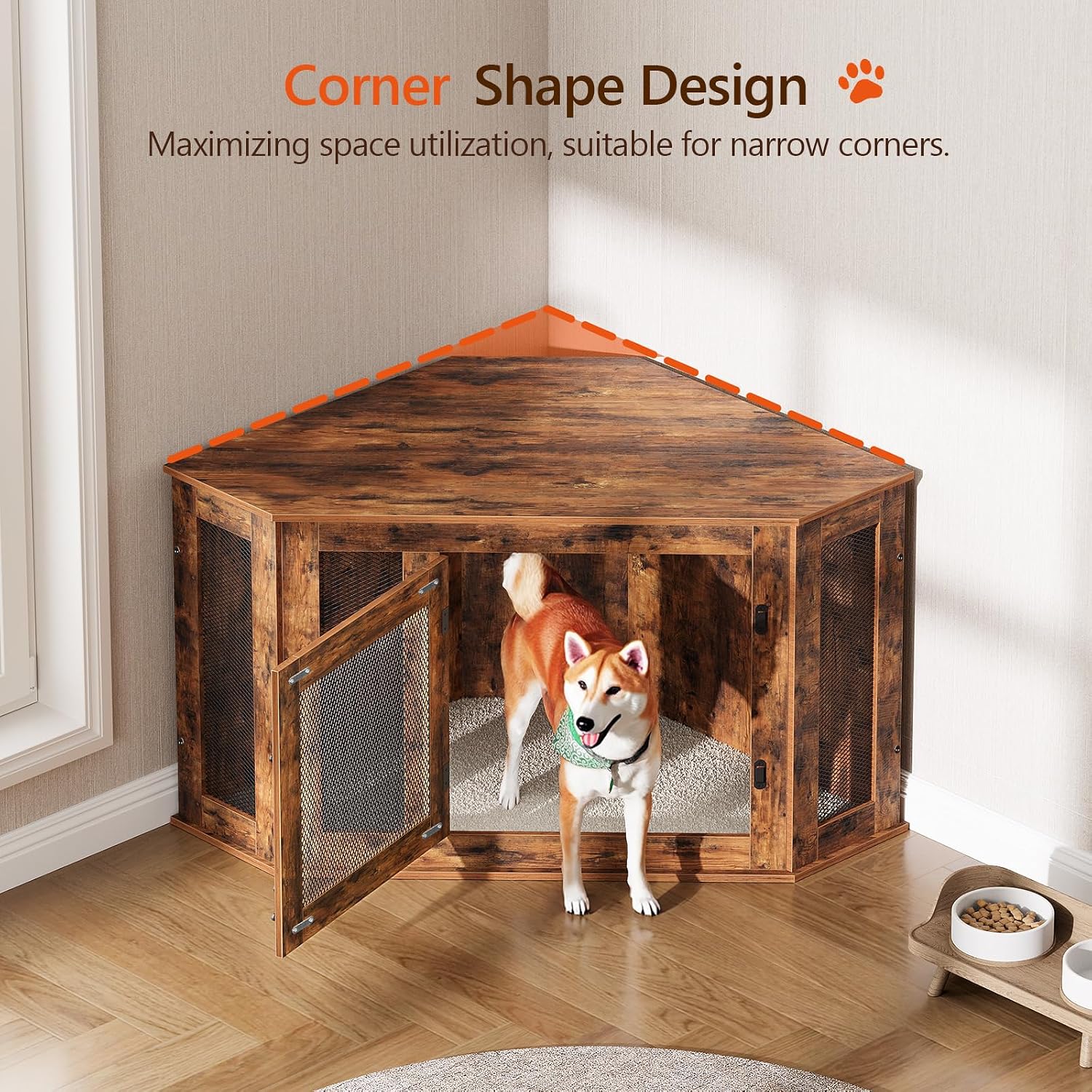 MAHANCRIS Corner Dog Crate Furniture, Wooden Dog Kennel End Table, Decorative Pet Crate Indoor Use, Furniture Style Dog House for Small Medium Dog, Dog Cage TV Stand, Rustic Brown DCRB0801