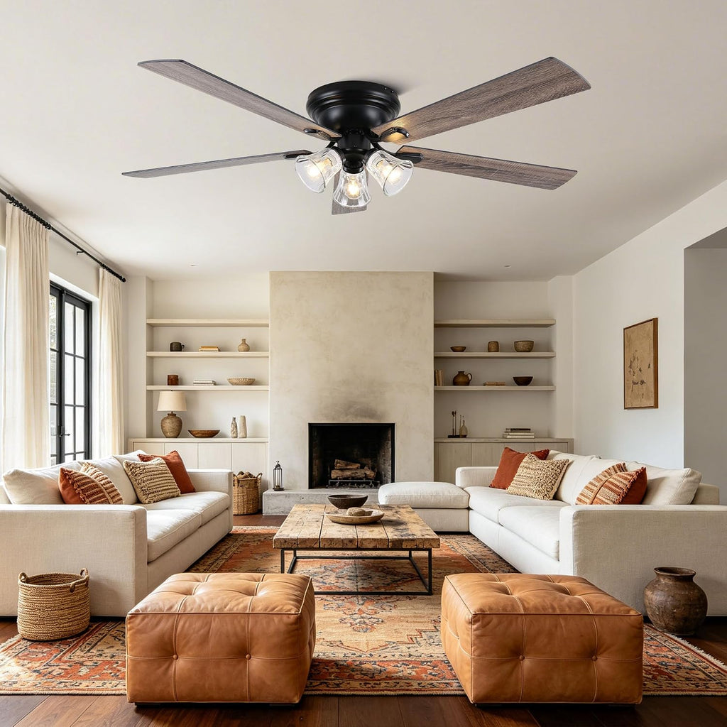 60'' Flush Mount Ceiling Fan with Light and Remote, 5 Reversible Wood Blades,3 Clear Seeded Glass Light Fixtures,6-Speed Quiet DC Motor,Farmhouse Ceiling Fan for Bedroom Living Room Patio