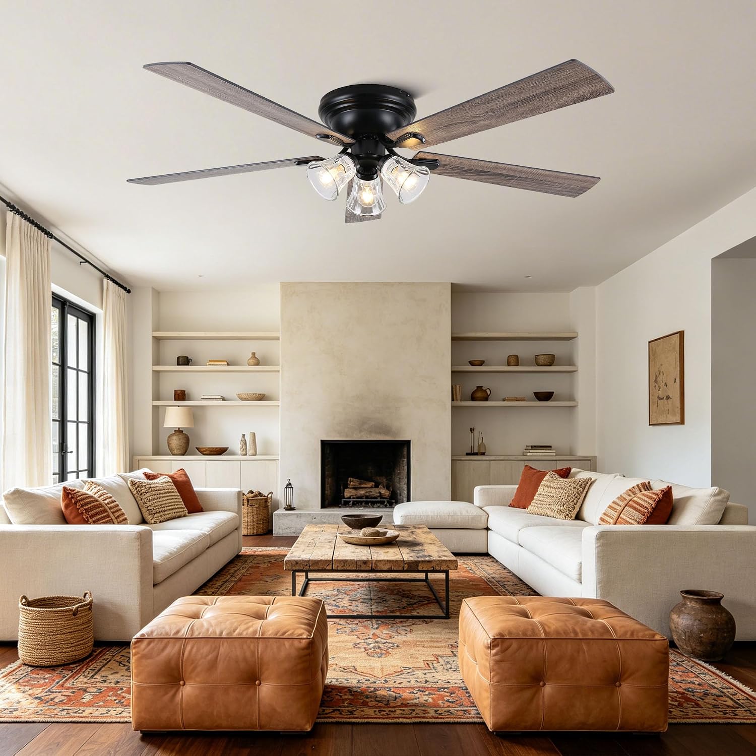 60'' Flush Mount Ceiling Fan with Light and Remote, 5 Reversible Wood Blades,3 Clear Seeded Glass Light Fixtures,6-Speed Quiet DC Motor,Farmhouse Ceiling Fan for Bedroom Living Room Patio