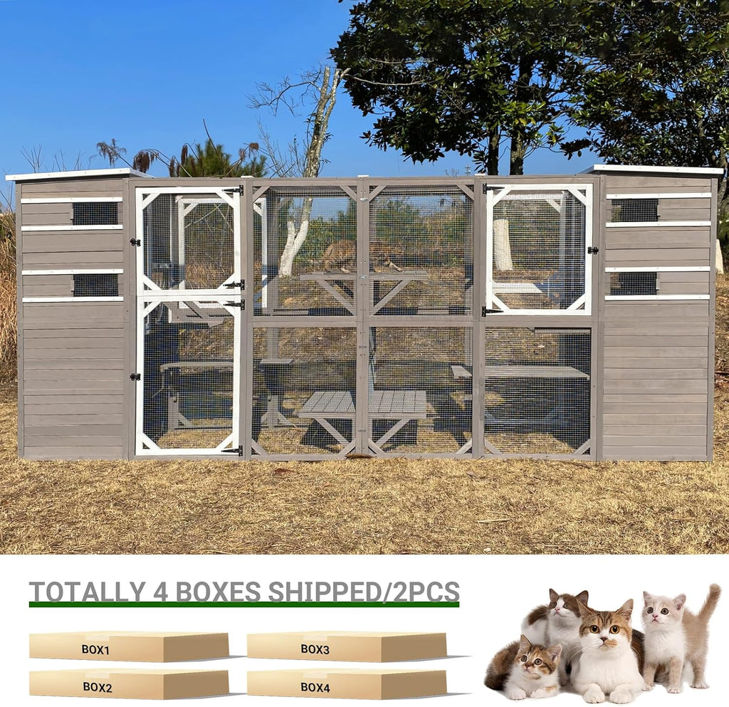 PetsCosset Large Catio Outdoor Cat Enclosure, Weatherproof Cat House Attached to Window for Multi Cats, 4 Story Wooden Kitten Condo Asphalt and UV Protection Roofs, Multi Platforms 153.6' L x 70' H