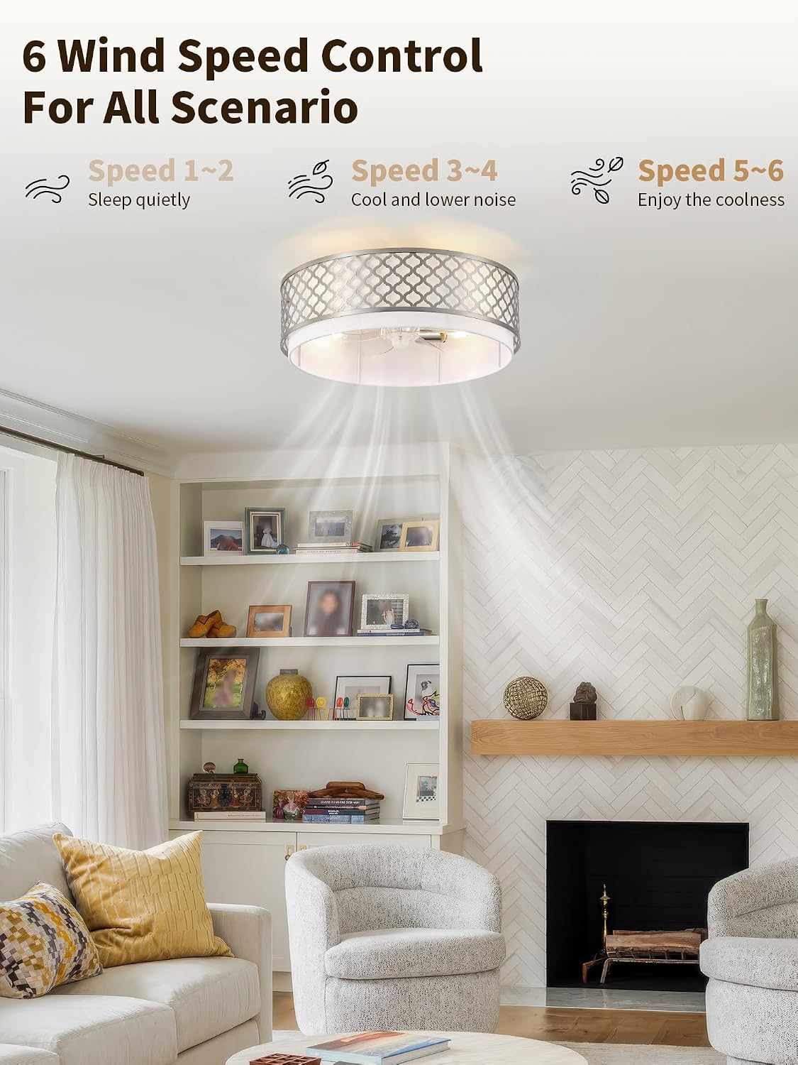 20' Silver Flush Mount Ceiling Fan with Light, Boho Ceiling Fans with Lights Low Profile, Enclosed with Remote Control 6 Speeds for Living Room, Bedroom, Nursery