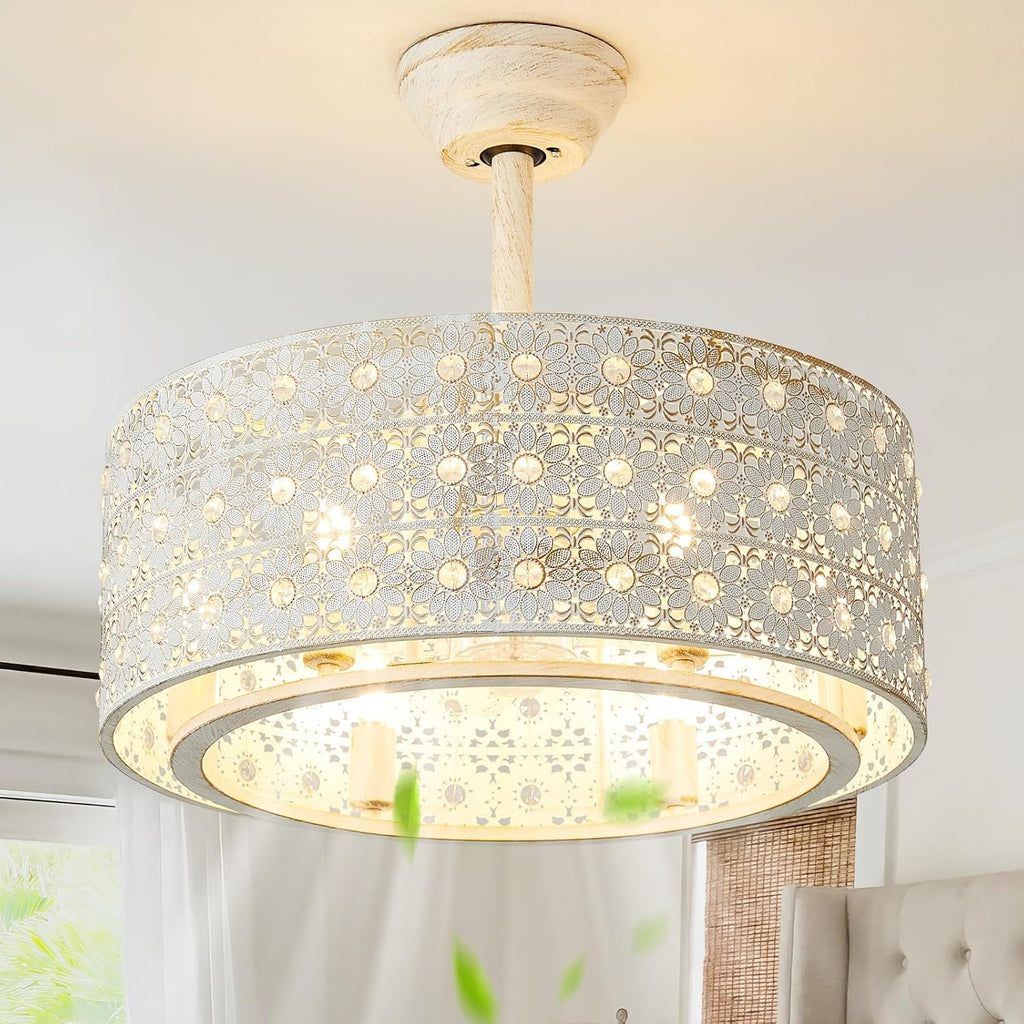 20' Boho Ceiling Fans with Lights, Gold Crystal Fandelier Ceiling Fan with Light Remote Control, Cage 6-Speed for Bedroom, Nursery, Foyer, Living Room