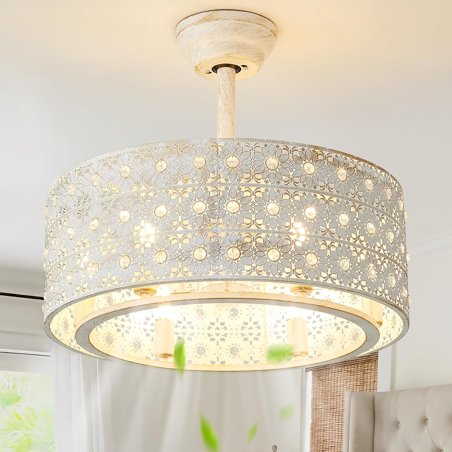 20' Boho Ceiling Fans with Lights, Gold Crystal Fandelier Ceiling Fan with Light Remote Control, Cage 6-Speed for Bedroom, Nursery, Foyer, Living Room