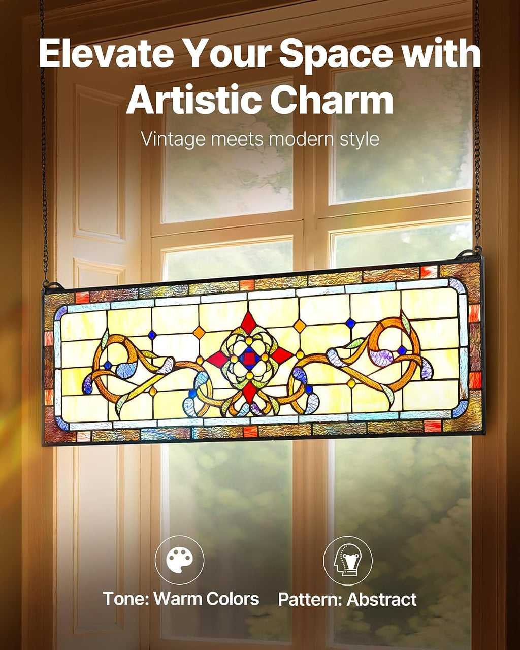 VEVOR Stained Glass Window Panel, 32' x 11' Tiffany Style Hanging Transom Window Panel with Chain, Large Horizontal Rectangle Stain Glass, Vintage Traditional Art Handcrafts for Kitchen Home Decor