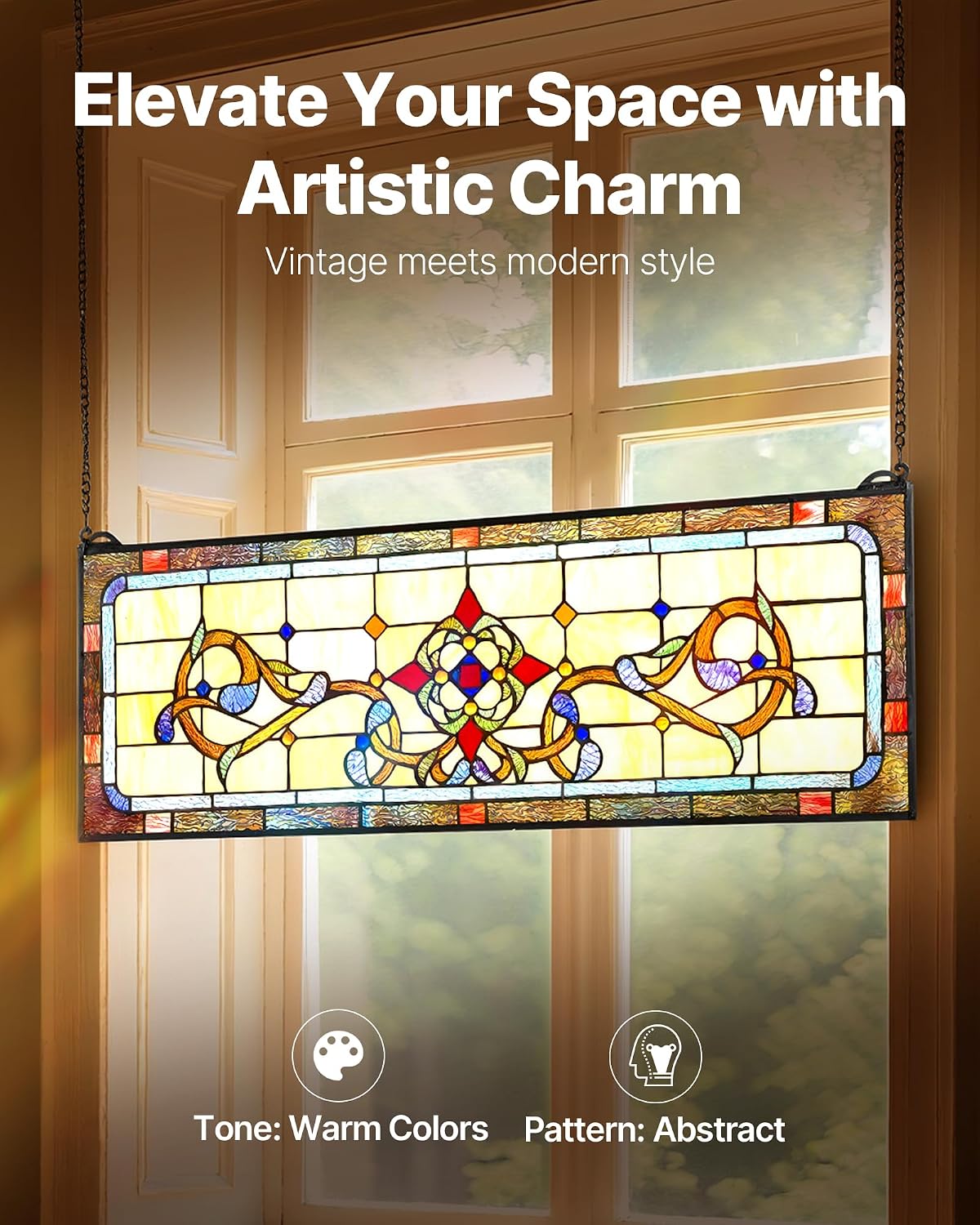 VEVOR Stained Glass Window Panel, 32' x 11' Tiffany Style Hanging Transom Window Panel with Chain, Large Horizontal Rectangle Stain Glass, Vintage Traditional Art Handcrafts for Kitchen Home Decor